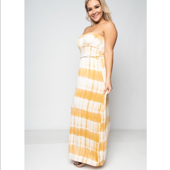 Plus Size Strapless Tie Dye yellow Maxi Dress - Picture 2 of 8